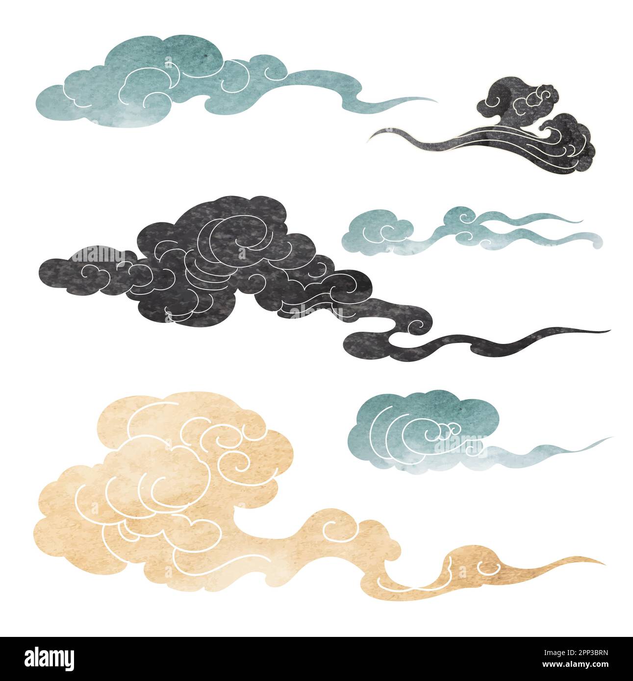 Texture bleu, or, gris et blackbrush avec motif de nuages de chinses japonais dans un style vintage. Design abstrait de bannière de paysage d'art avec Waterco Banque D'Images