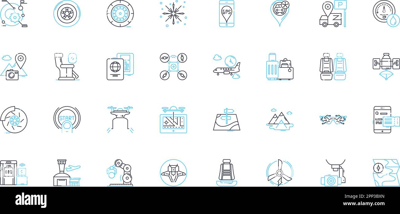 Ensemble d'icônes linéaires de vol. Décollage, atterrissage, pilotes, passagers, compagnie aérienne, Plans, vecteur de ligne de ciel et signes de concept. Voyages, embarquement, contour de cockpit Illustration de Vecteur