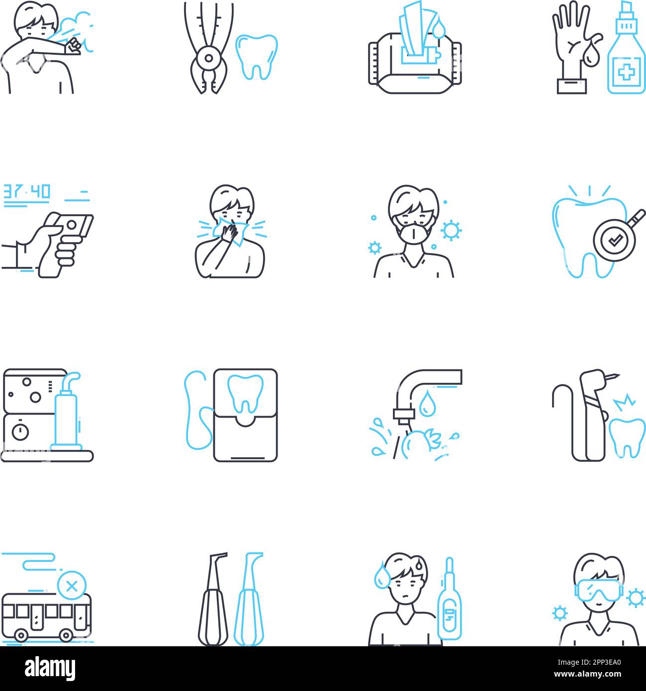 Ensemble d'icônes linéaires de soins dentaires. Soie dentaire, brossage, rince-bouche, gomme, dentaire, Tartre, vecteur de la ligne de désintégration et signes conceptuels. Cavité,blanchiment,contour en émail Illustration de Vecteur