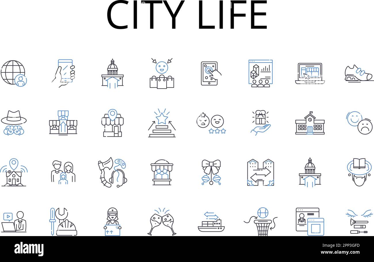 Collection d'icônes City Life Line. Vie rurale, grande ville, vie urbaine, vie de village, vie de Metropolis, Suburban Lifestyle, Hustle Hustle Hustle Vector et Illustration de Vecteur