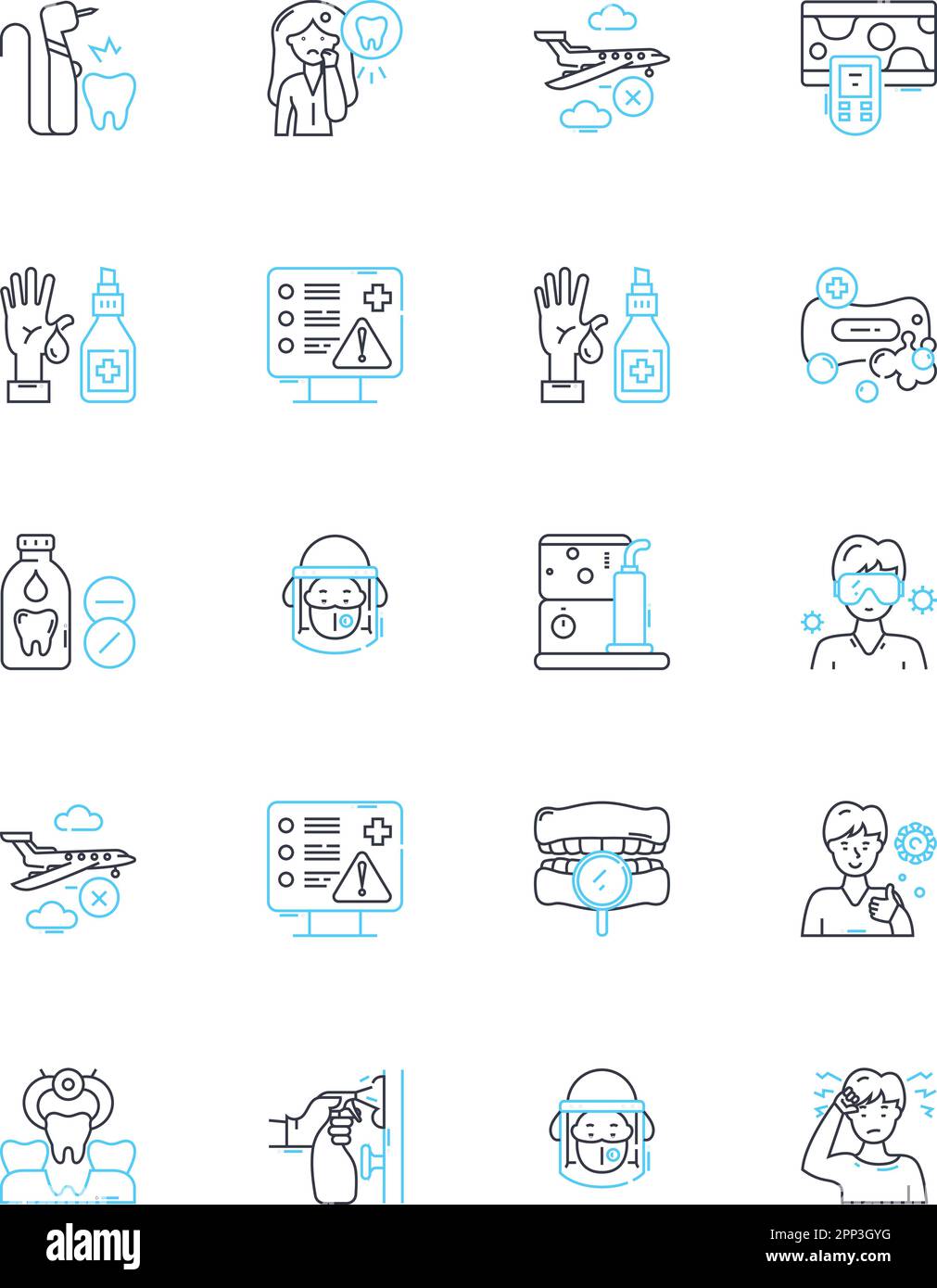 Ensemble d'icônes linéaires de soins dentaires. Soie dentaire, brossage, rince-bouche, gomme, dentaire, Tartre, vecteur de la ligne de désintégration et signes conceptuels. Cavité,blanchiment,contour en émail Illustration de Vecteur