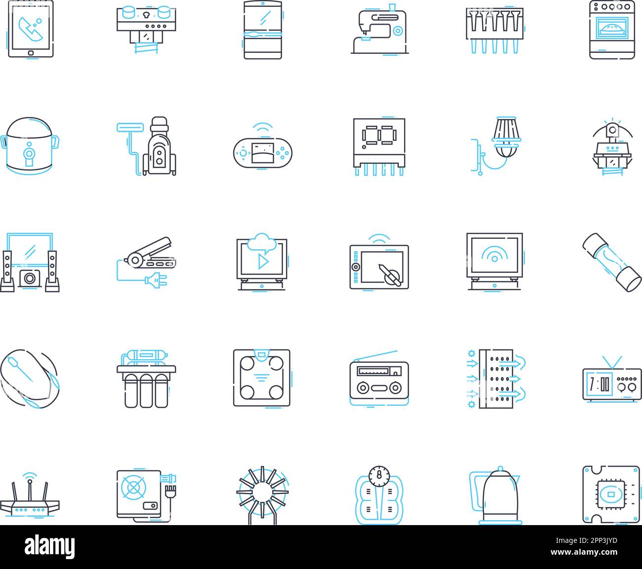 Jeu d'icônes linéaires de machines électriques. Batterie, bobinages, générateurs, transformateurs, moteurs, Panneau de commutation, vecteur de ligne de régulateur et panneaux de concept Illustration de Vecteur