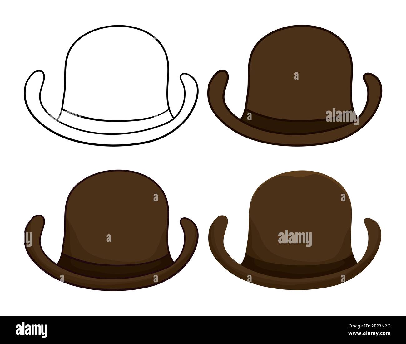 Quatre variantes de chapeaux melons : un dans les contours pour la  coloration, un dans les couleurs plates et les autres dans le style de  dessin animé Image Vectorielle Stock - Alamy