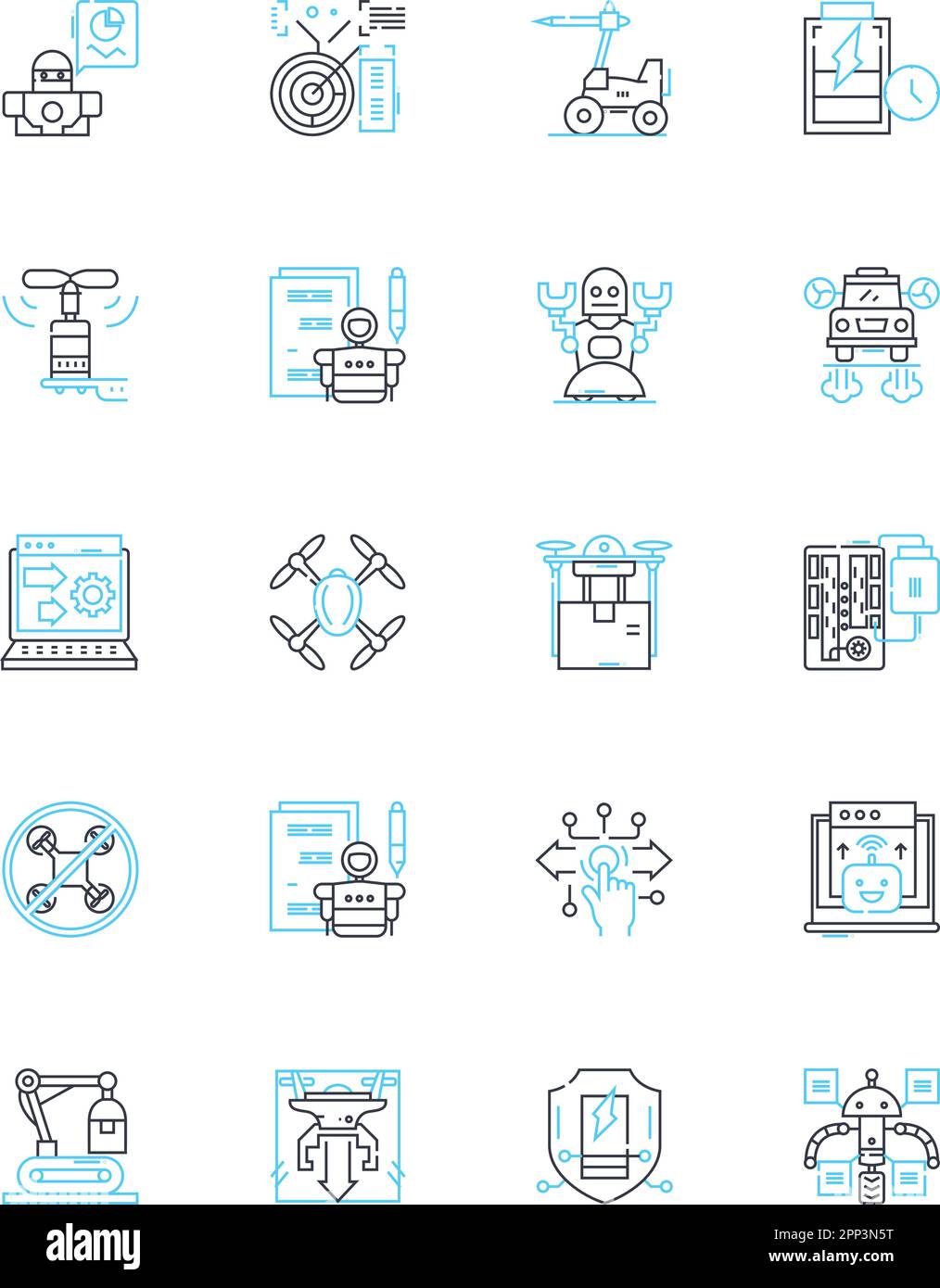 Jeu d'icônes linéaires Quadcopters. Dr, caméra, avion, télécommande, contrôle, Signaux d'antenne, de vecteur de ligne de survol et de concept. GPS,stabilité,profil de vitesse Illustration de Vecteur