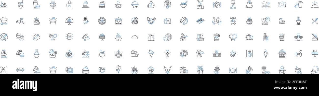 Collection d'icônes de la gamme pâtisserie. Croissants, gâteaux, muffins, beignets, tartes, Cookies, vecteur de pain et illustration linéaire. Glaçage, pâtisserie, petits gâteaux Illustration de Vecteur