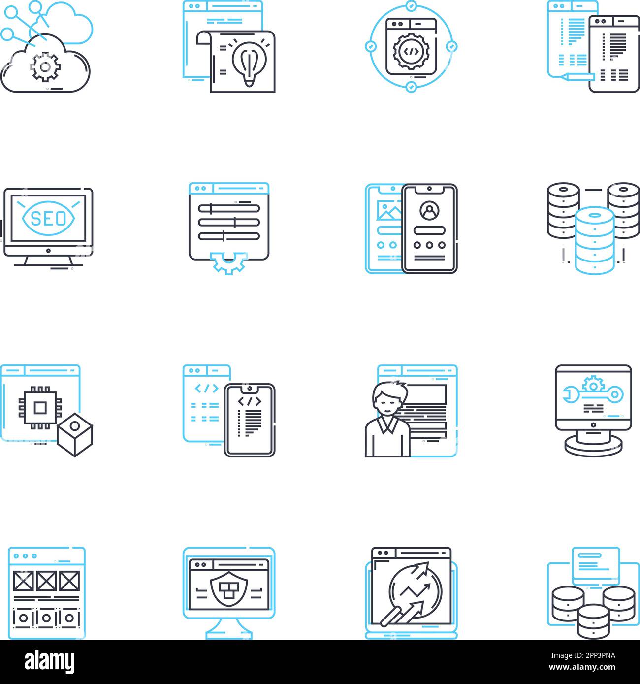 Jeu d'icônes linéaires de profilage client. Données démographiques, segmentation, comportement, intérêt, besoins, Insight, vecteur de ligne Persona et signes de concept. Analyses Illustration de Vecteur
