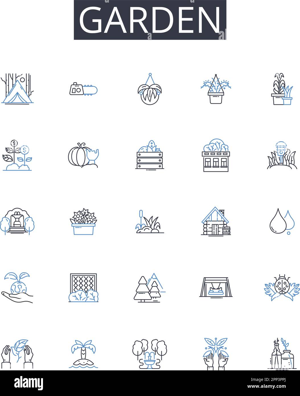 Collection d'icônes Garden Line. Parc, pelouse, ferme, Meadow, Orchard, Champ, jardin botanique vecteur et illustration linéaire. Cour, paysage, vert Illustration de Vecteur