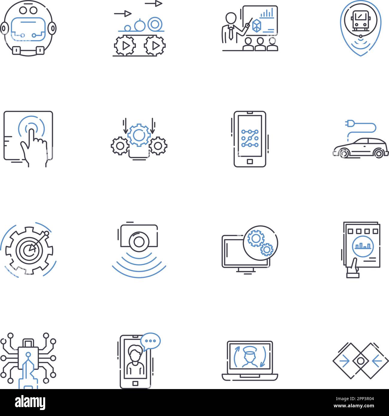 Collection d'icônes de ligne d'intelligence artificielle. Robotique, apprentissage machine, nerks neuronaux, automatisation, cyborgs, Prédictif, vecteur de reconnaissance vocale et Illustration de Vecteur