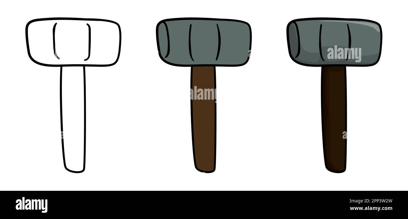 Trois variantes de marteaux, l'une dans les contours pour la coloration, l'autre dans les couleurs plates et le dernier dans le style de dessin animé. Illustration de Vecteur