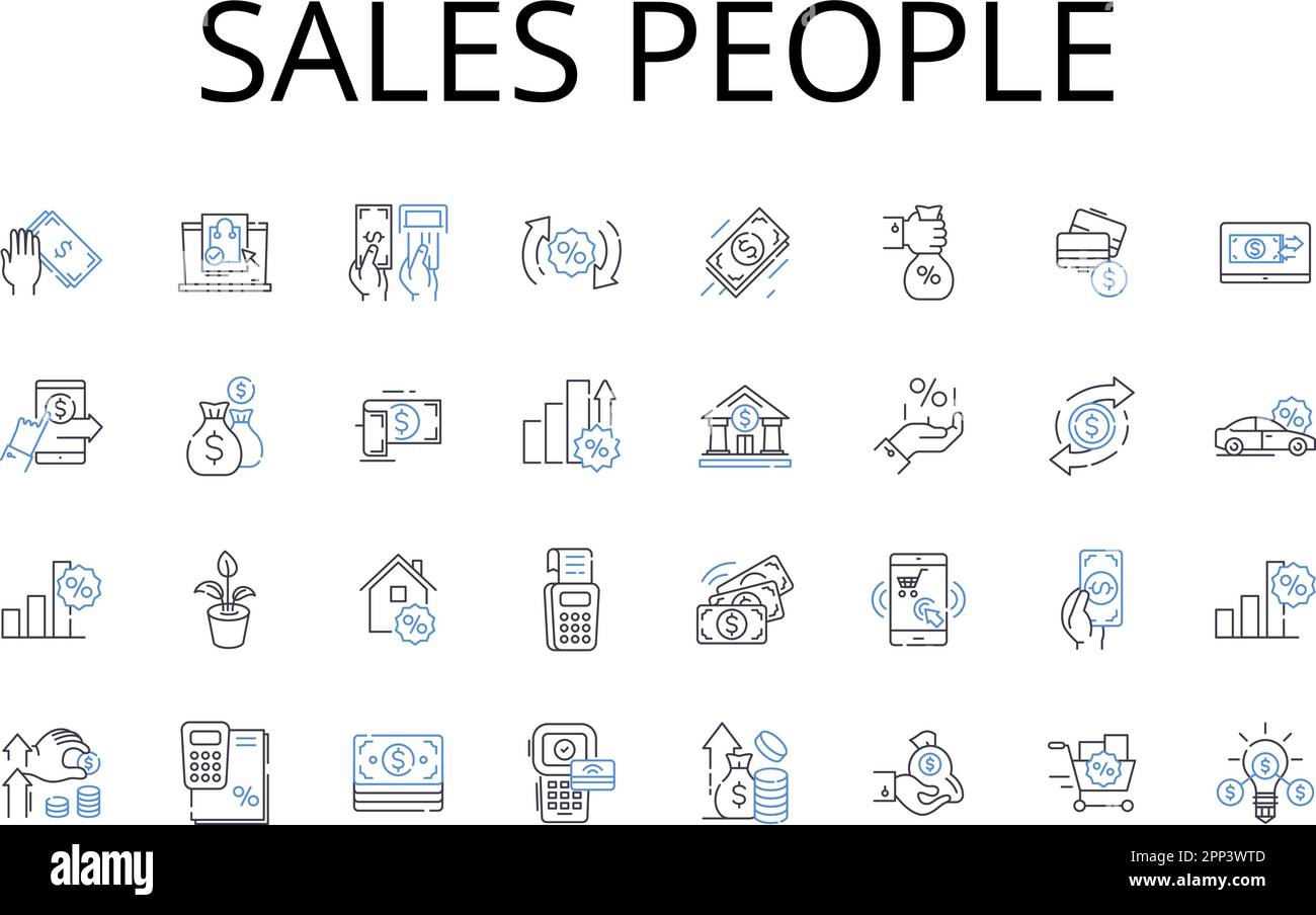 Collection d'icônes de la ligne du personnel des ventes. Représentants commerciaux, agents marketing, responsables clients, développeurs commerciaux, générateurs de revenus, Responsables de compte Illustration de Vecteur