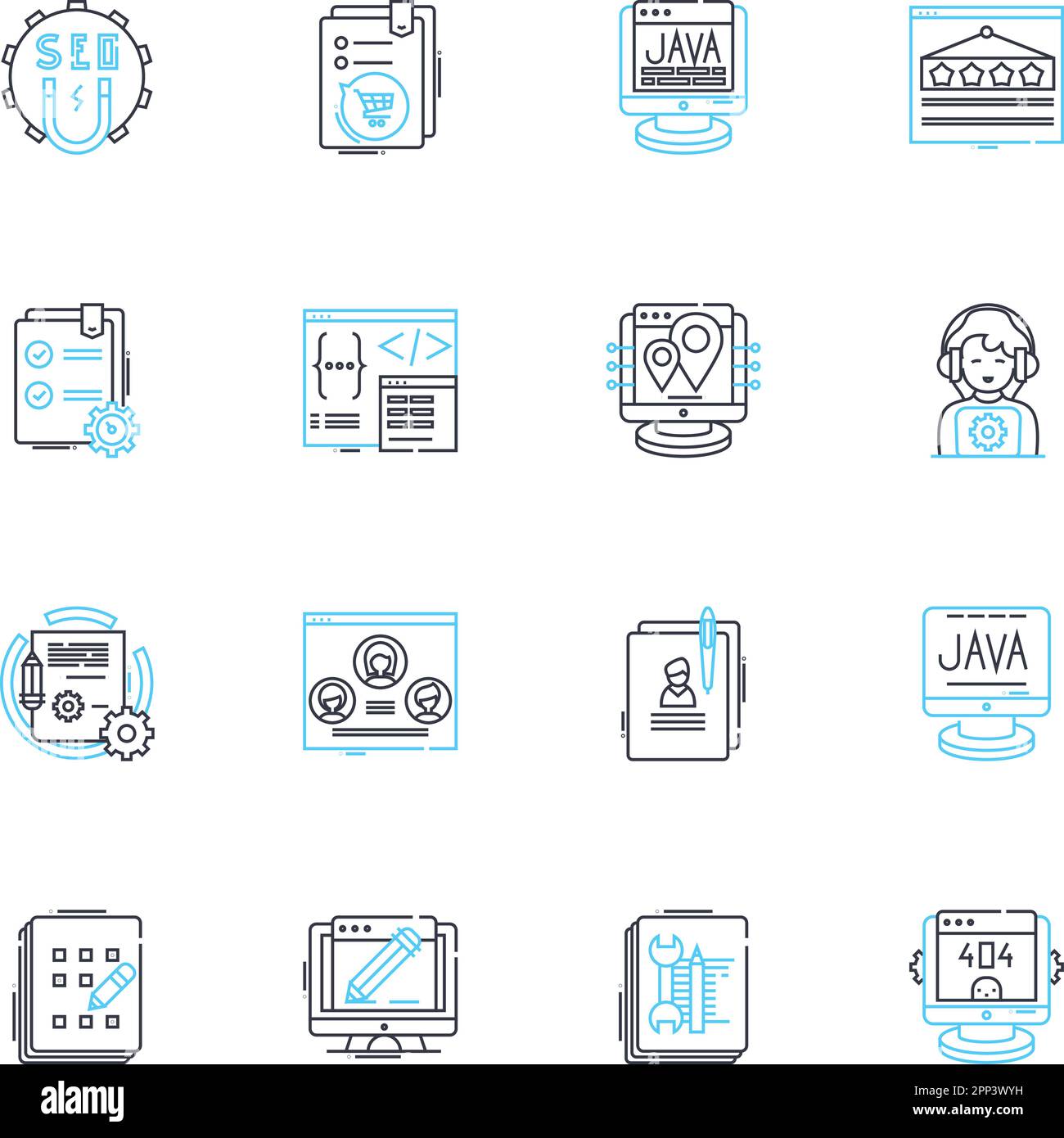 Jeu d'icônes linéaires de conception Web. Typographie, mise en page, navigation, réactif, interface, HTML, vecteur de ligne CSS et signes de concept. JavaScript,Accessibilité Illustration de Vecteur
