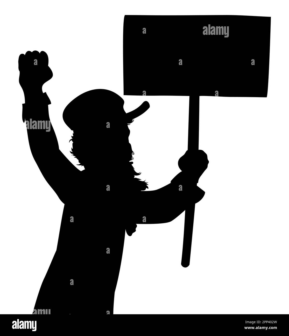 Homme barbu avec casquette, protestant avec le poing levé et tenant un bâton avec étiquette dans la silhouette sombre sur fond blanc. Illustration de Vecteur