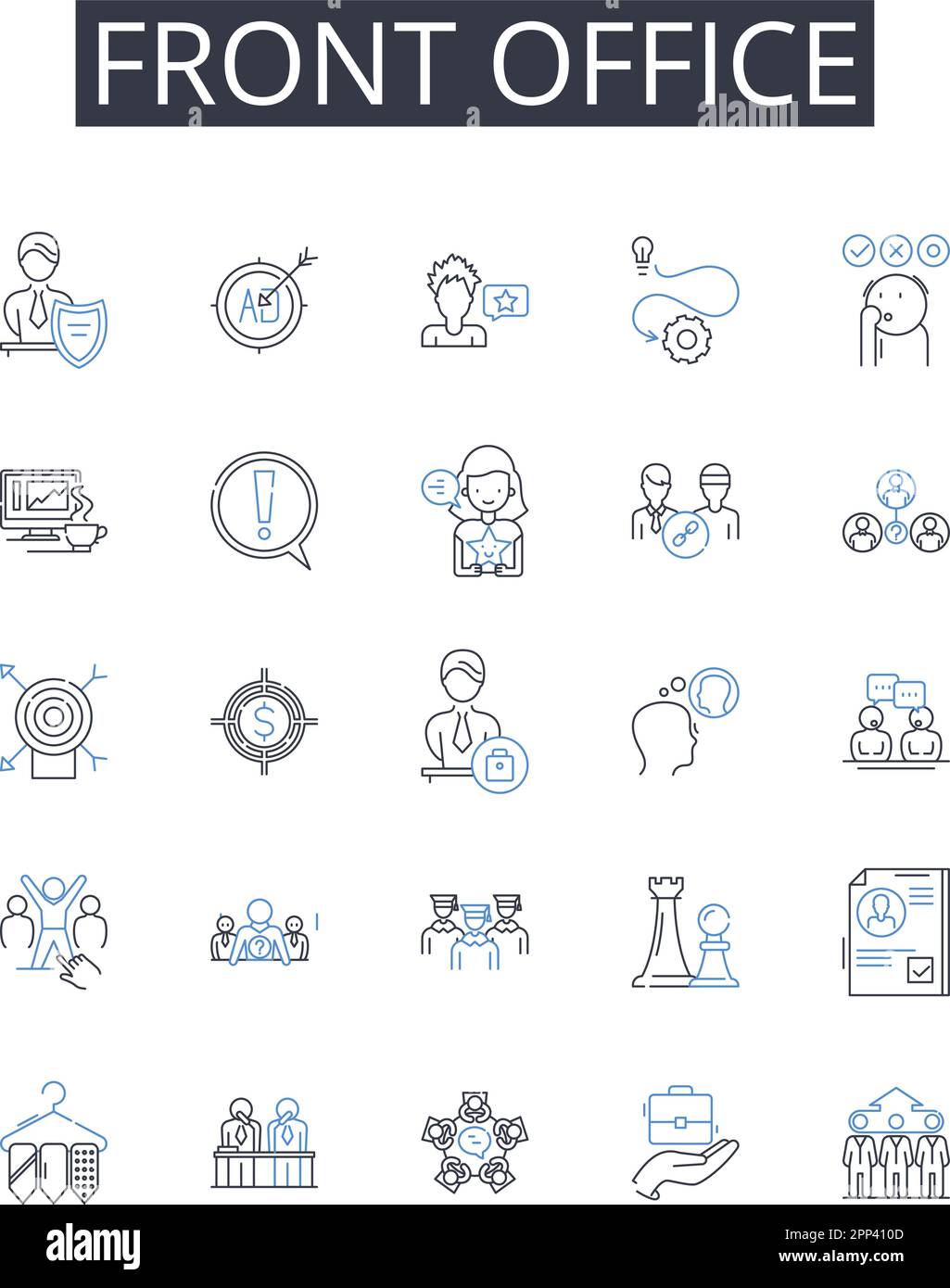 Collection d'icônes de front office. Espace coulisses, service clientèle, réception, support administratif, suite Executive, Centre de service à la clientèle Illustration de Vecteur