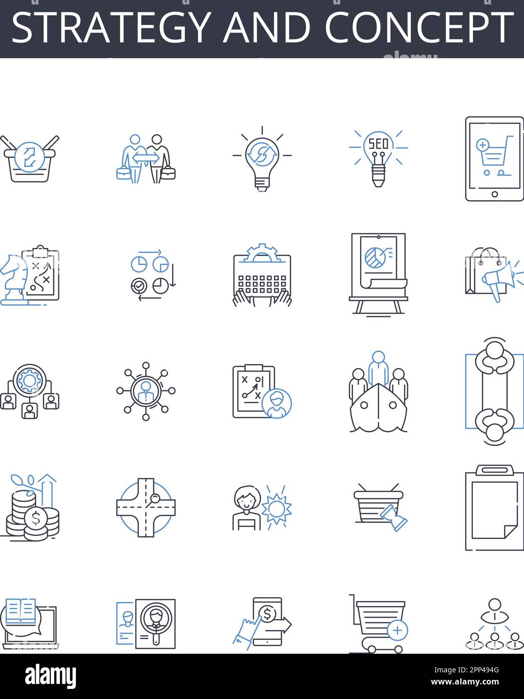 Collection d'icônes de ligne de stratégie et de concept. Plan et schéma, idée et pensée, approche et méthode, objectif et but, vision et mission, Système et Illustration de Vecteur