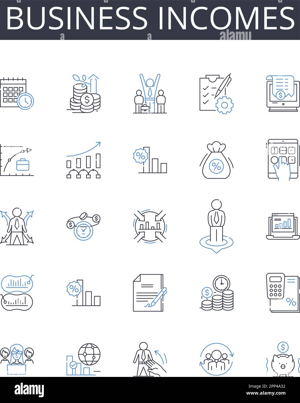 Collection d'icônes de ligne de revenus d'entreprise. Revenus, gains financiers, retours commerciaux, revenus de bénéfices, récompenses de notaire, Produit fiscal, capital Illustration de Vecteur