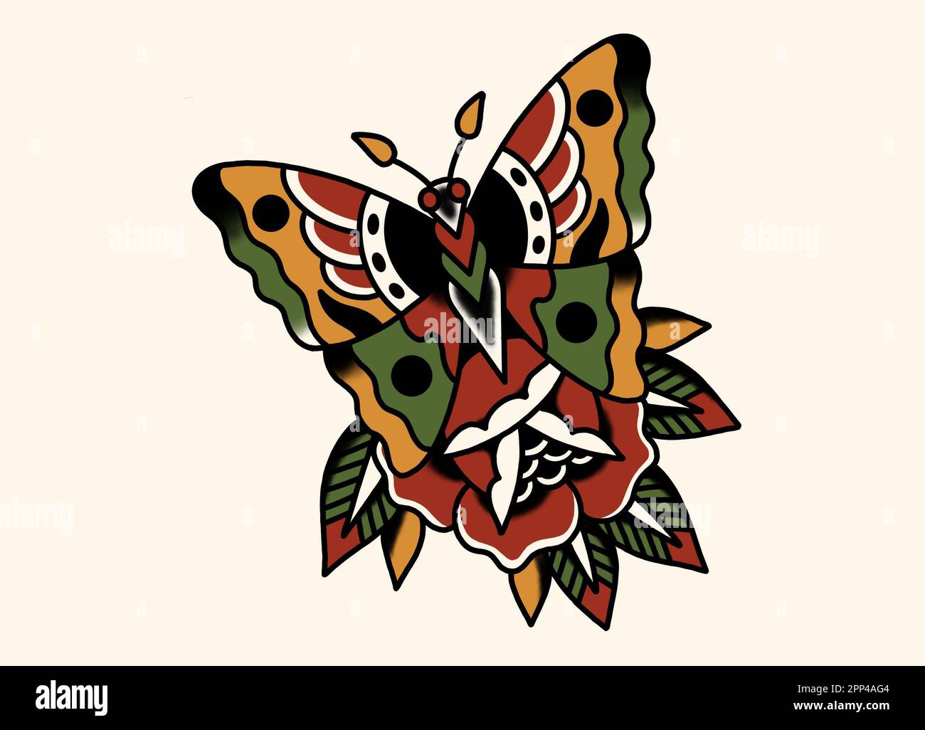 Vieille école tatouage style art dessin papillon devant la rose Banque D'Images