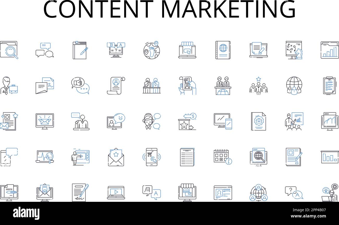 Collection d'icônes de ligne marketing de contenu. Nanotechnologie, robotique, biotechnologie, Quantum, génétique, Neurologie, vecteur d'intelligence artificielle et Illustration de Vecteur