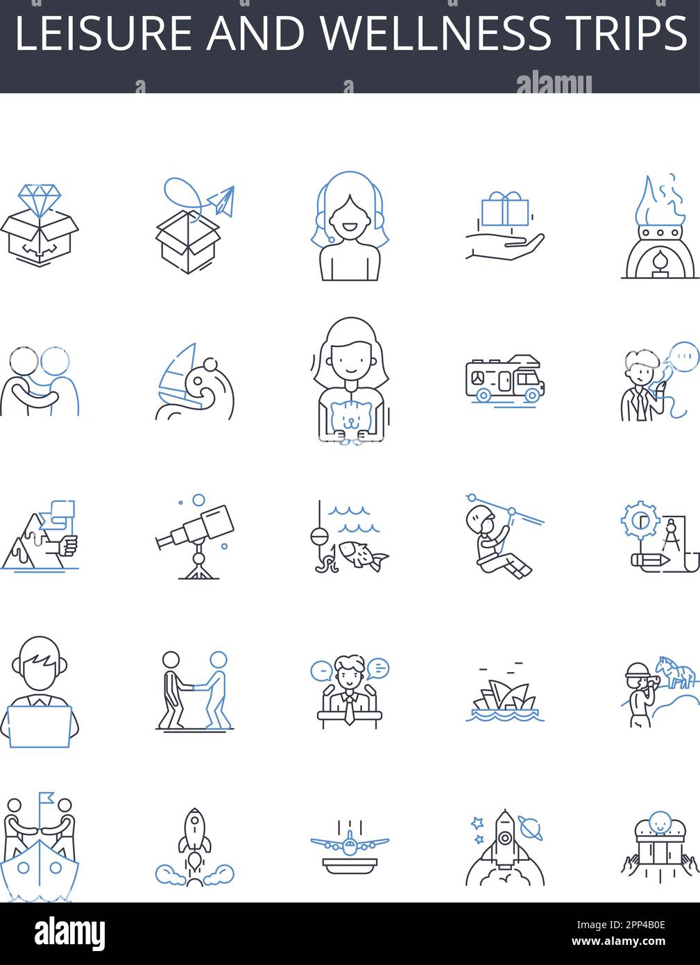 Collection Icons de la ligne des voyages de loisirs et de bien-être. Tourisme d'aventure, excursions culturelles, promenades dans la forêt, vacances à la plage, escapades sur l'île, Voyage de luxe Illustration de Vecteur