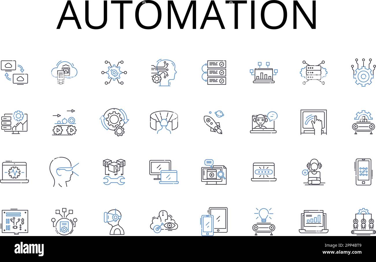 Collection d'icônes de ligne d'automatisation. Mécanisation, innovation, modernisation, numérisation, informatisation, Optimisation, rationalisation des vecteurs et Illustration de Vecteur