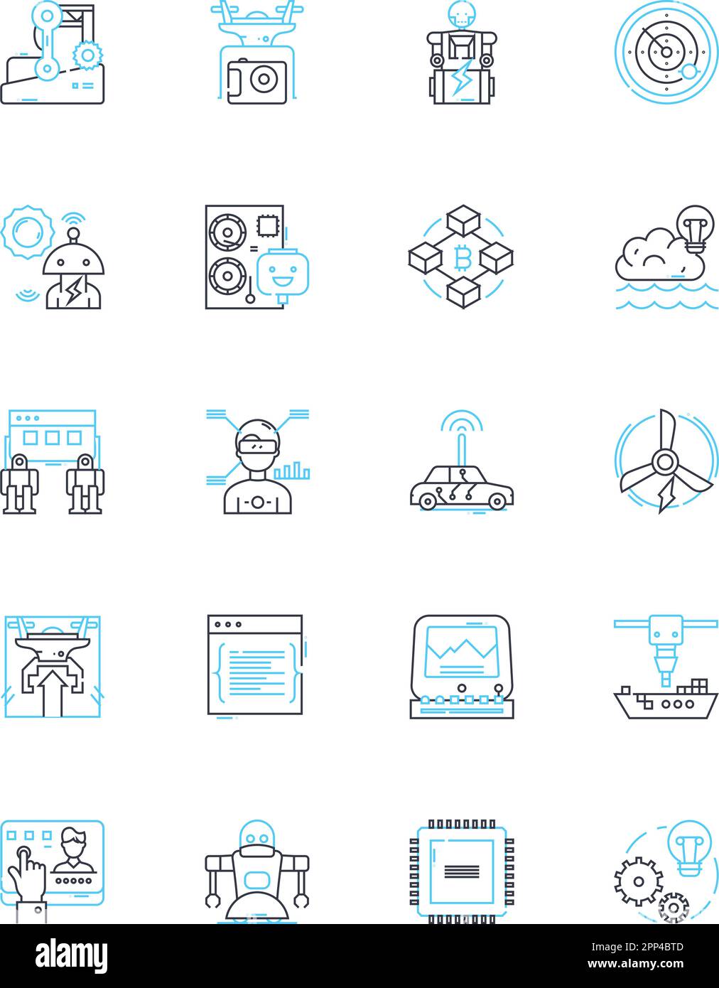 Jeu d'icônes linéaires de robots volants. DRS, Quadcopters, Hovercraft, hélicoptères, Airborne, Télésurveillance, vecteur de ligne aérienne et signes conceptuels. Robotique Illustration de Vecteur