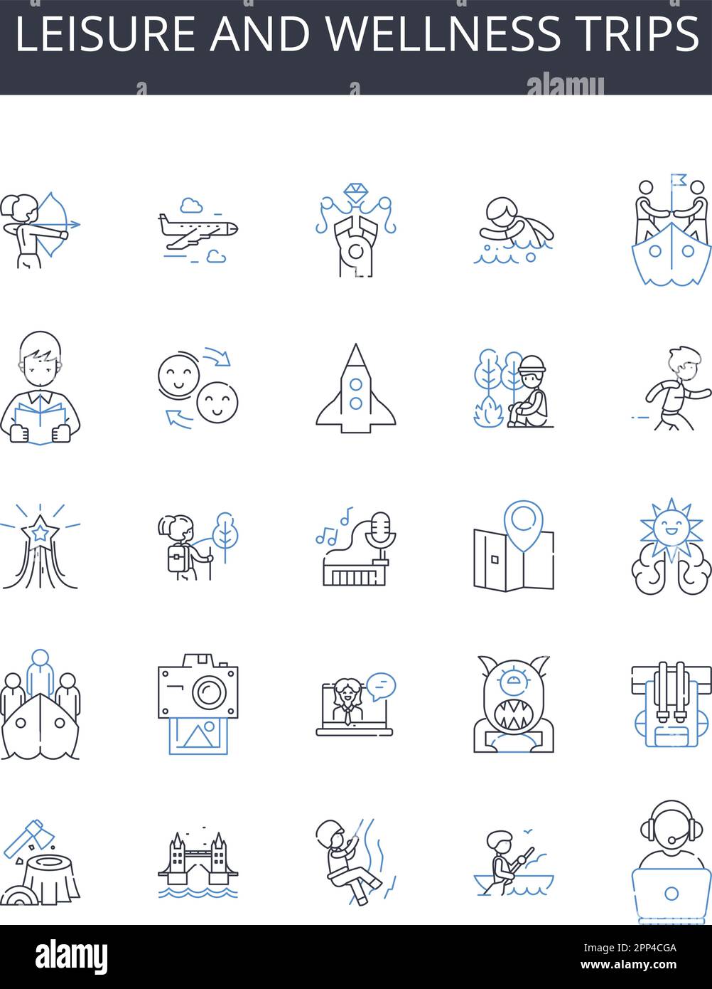 Collection Icons de la ligne des voyages de loisirs et de bien-être. Tourisme d'aventure, excursions culturelles, promenades dans la forêt, vacances à la plage, escapades sur l'île, Voyage de luxe Illustration de Vecteur