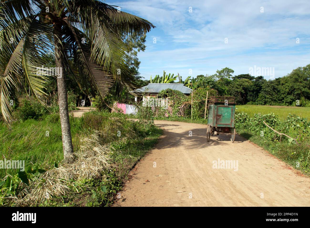 Une route en brique et une maison dans une zone rurale de Chittagong. Paysage matinal d'un village bangladeshi. Banque D'Images