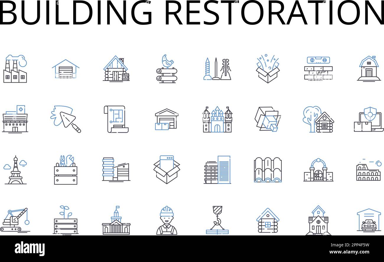 Collection d'icônes de la ligne de restauration des bâtiments. Rénovation de maisons, reconstruction de structures, rénovation de propriétés, réhabilitation d'installations, infrastructures Illustration de Vecteur