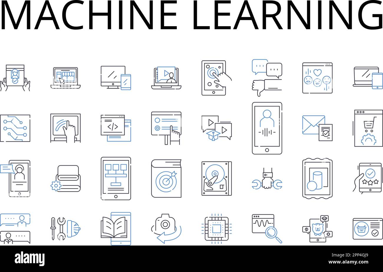 collection d'icônes de ligne d'apprentissage de la machine. Intelligence artificielle, apprentissage automatisé, exploration des données, analyse des données, apprentissage approfondi, Langage naturel Illustration de Vecteur