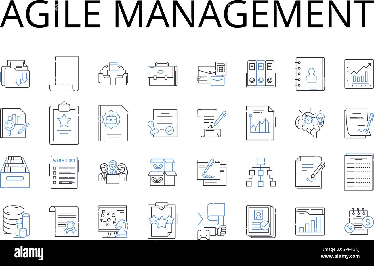 Collection d'icônes de ligne de gestion agile. Leadership Lean, planification dynamique, stratégie adaptative, approche proactive, travail d'équipe intégré, Créatif Illustration de Vecteur