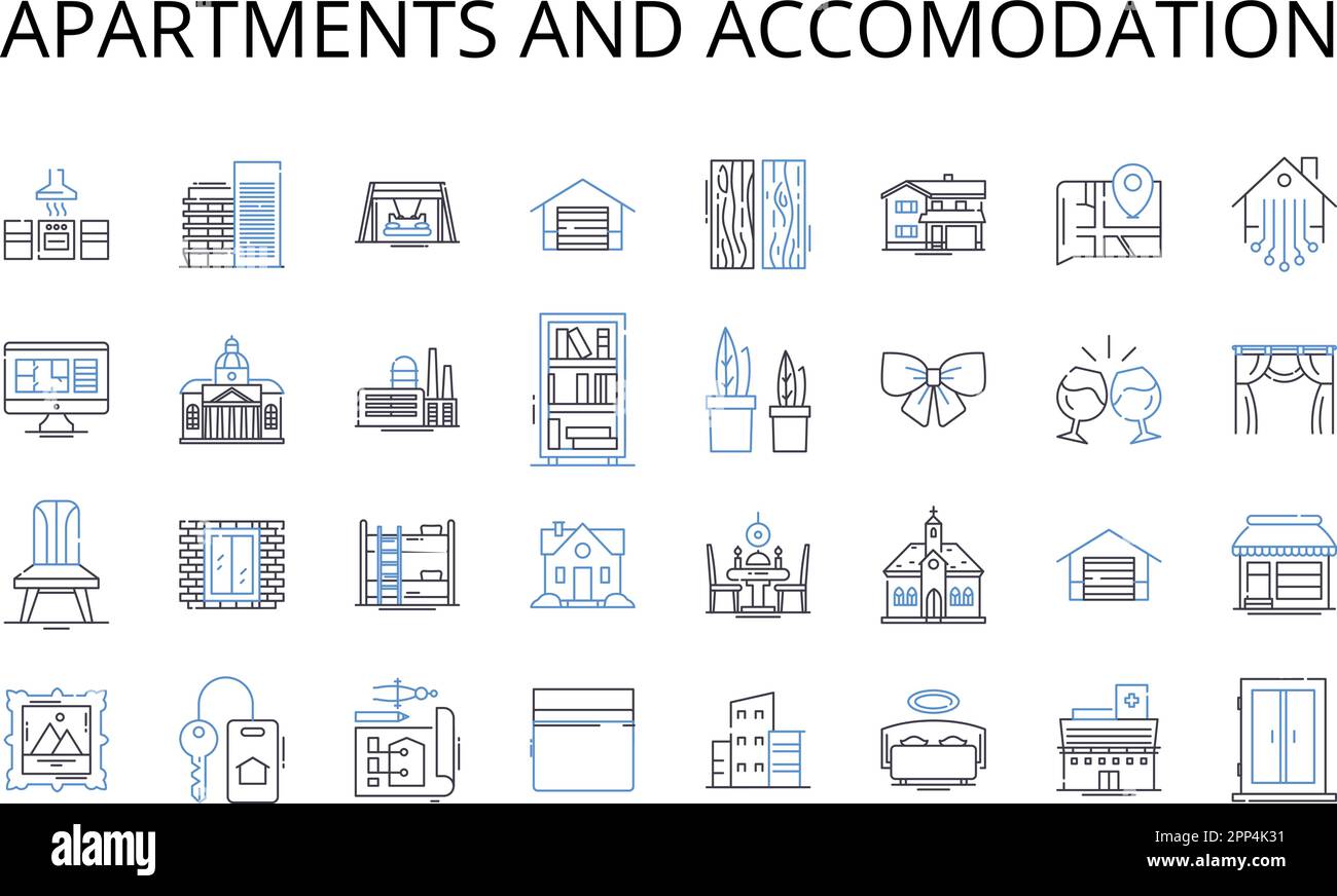 Collection d'icônes d'appartements et de chambres d'hébergement. Horizon et horizon, abri et maison, bâtiment et structure, propriété et domaine, résidence et Illustration de Vecteur