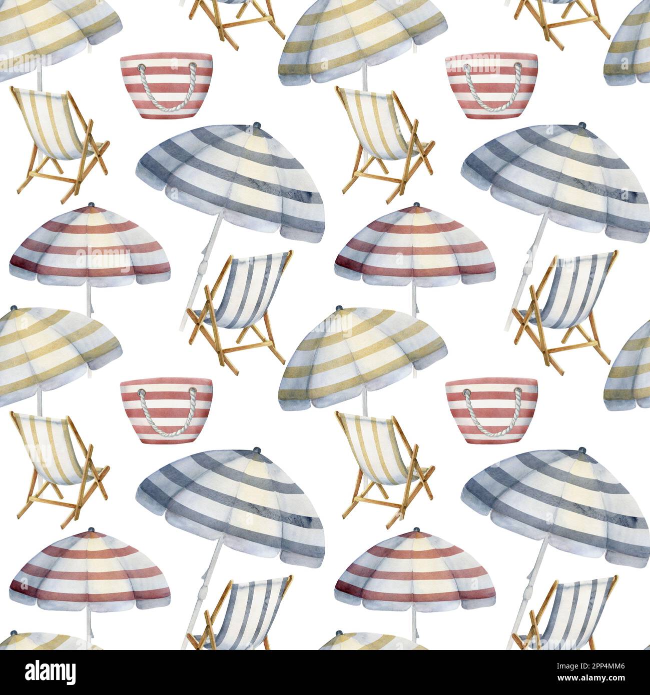 Chaises de plage aquarelle dessinées à la main, sacs et parasols à motifs sans couture. Isolé sur fond blanc. Décoration murale, mariage, imprimé, tissu Banque D'Images