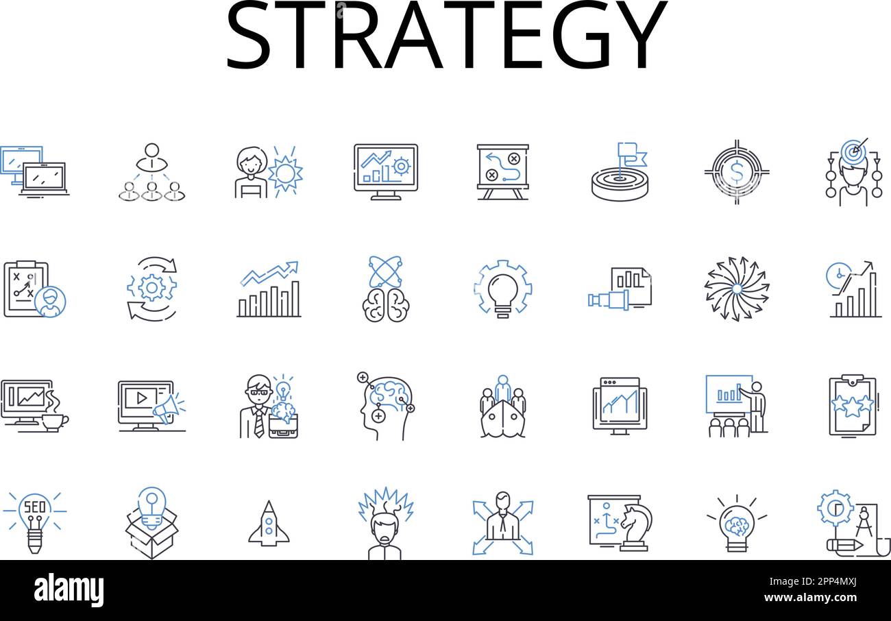 Collection d'icônes de ligne de stratégie. Plan, tactique, approche, Schéma, Plan directeur, Méthode, vecteur de procédure et illustration linéaire. Manœuvre, Agenda, Plan de jeu Illustration de Vecteur