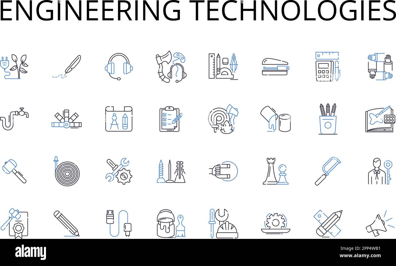 Collection d'icônes de ligne de technologies d'ingénierie. Systèmes informatiques, durabilité de l'environnement, automatisation industrielle, Sciences biologiques, renouvelables Illustration de Vecteur