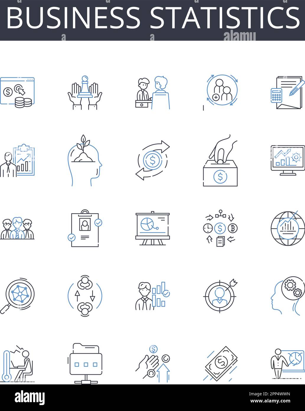 Collection d'icônes de ligne de statistiques d'entreprise. Psychologie sociale, écologie, informatique, justice pénale, sécurité informatique Illustration de Vecteur