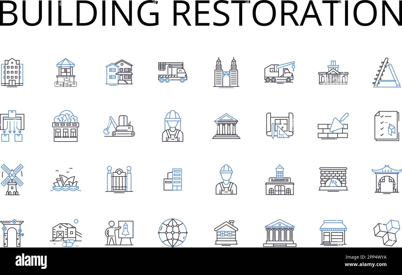 Collection d'icônes de la ligne de restauration des bâtiments. Rénovation de maisons, reconstruction de structures, rénovation de propriétés, réhabilitation d'installations, infrastructures Illustration de Vecteur