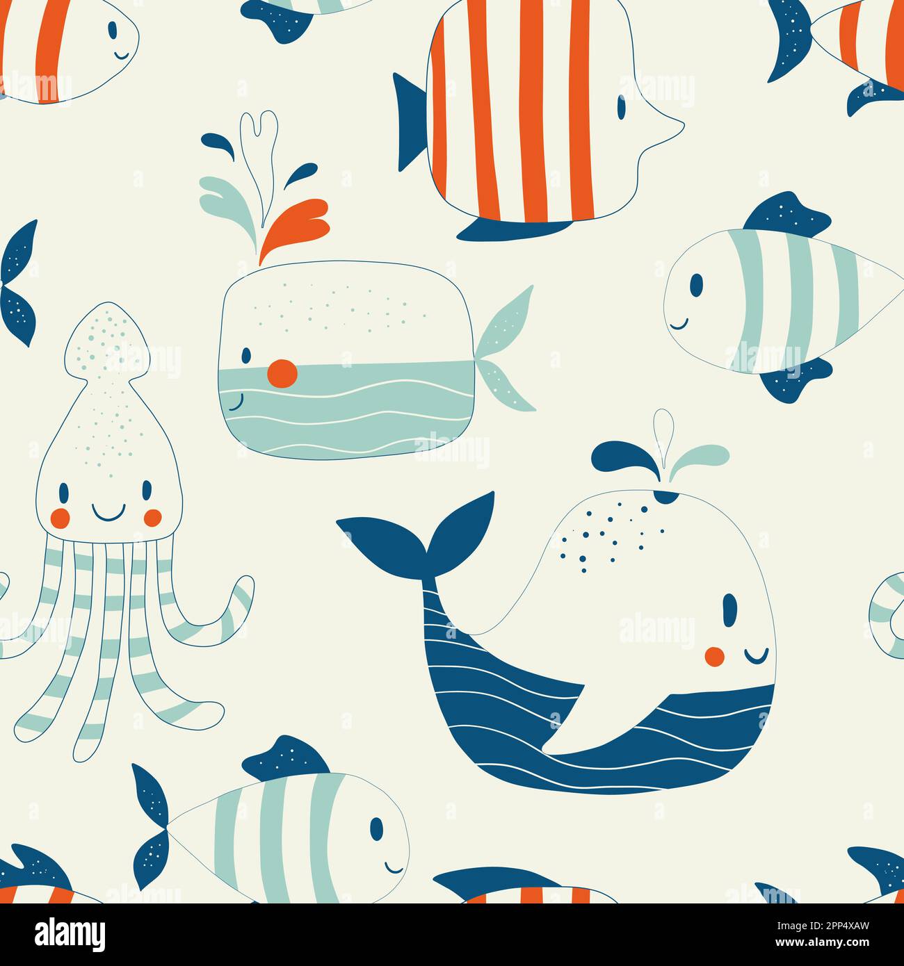 Motif puéril sans coutures avec animaux de la mer et de l'océan. Jolie faune marine sous-marine avec baleines, méduses et autres oiseaux aquatiques sous-marins. Illustration de Vecteur