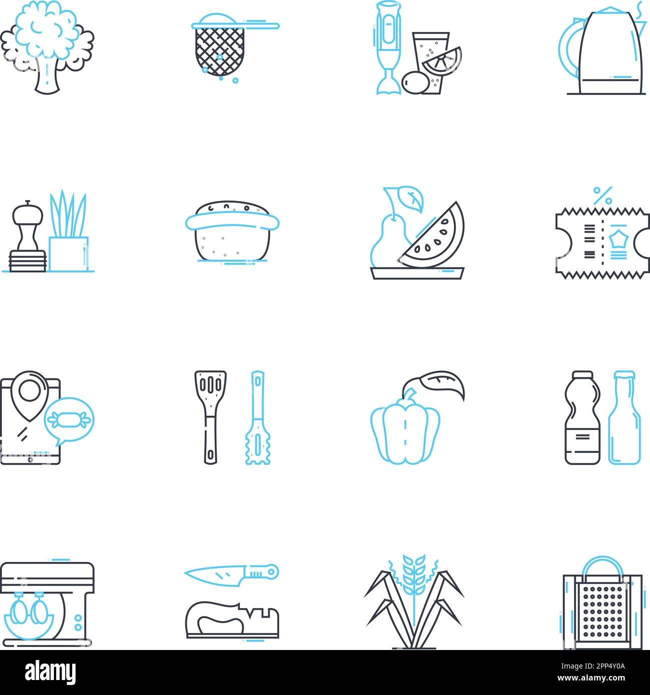 Ensemble d'icônes linéaires de restauration. Cuisine, hors-d'œuvre, service, buffet, plats, Panneaux de réception, de vecteur de ligne Gourmet et de concept. Chef, serveuses, canap Illustration de Vecteur