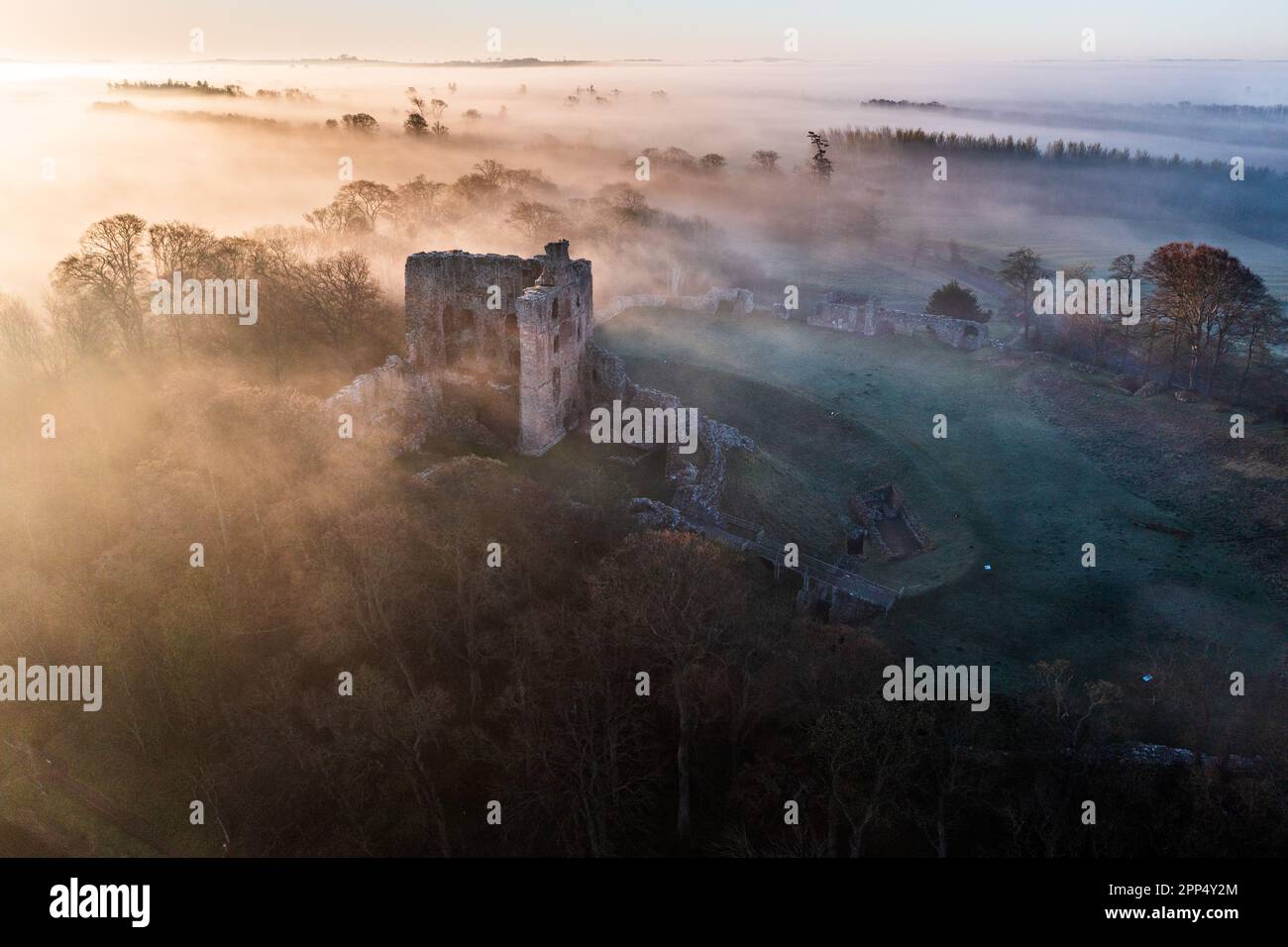 Le château de Norham s'est enveloppé dans la brume matinale, pendant les guerres écossaises sur l'indépendance, c'était l'un des quatre châteaux les plus importants d'Angleterre. Banque D'Images