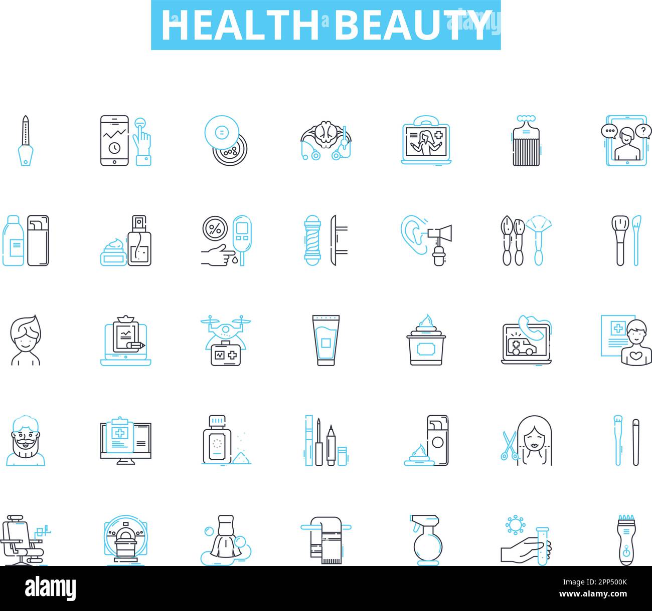 Santé beauté icônes linéaires ensemble. Radieux, nourris, rafraîchis, jeune, clair, Signaux lumineux, vecteur T et concept. Résilient, fortifié, vibrant Illustration de Vecteur