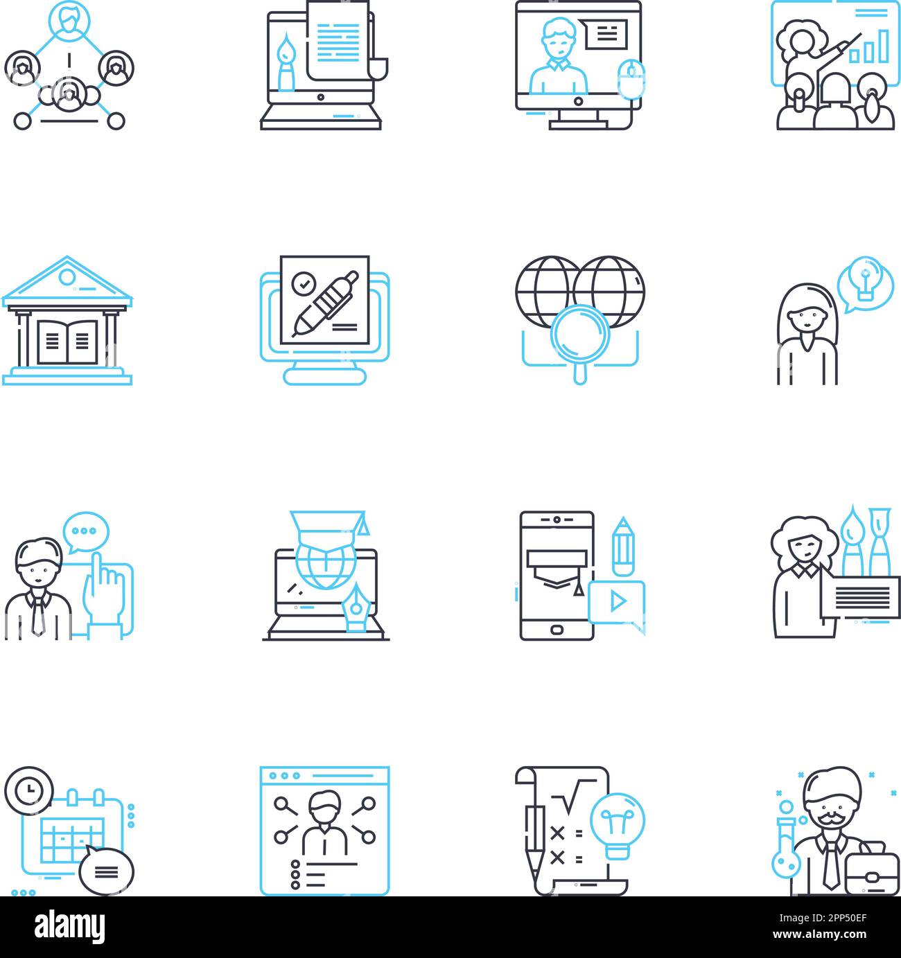 Jeu d'icônes linéaires des tutoriels virtuels. E-learning, formation à distance, cours en ligne, cours virtuels, webinaires, Vidéoconférence, ligne de cours à distance Illustration de Vecteur