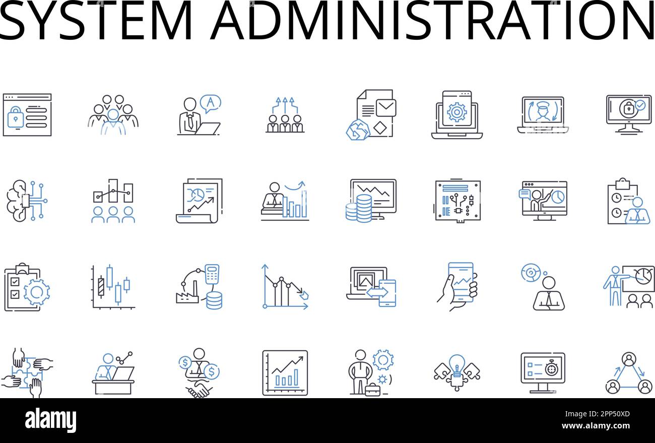 Collection d'icônes de ligne d'administration système. Gestion de Nerk, cybersécurité, support INFORMATIQUE, gestion des utilisateurs, analyse des données, Cloud computing, projet Illustration de Vecteur