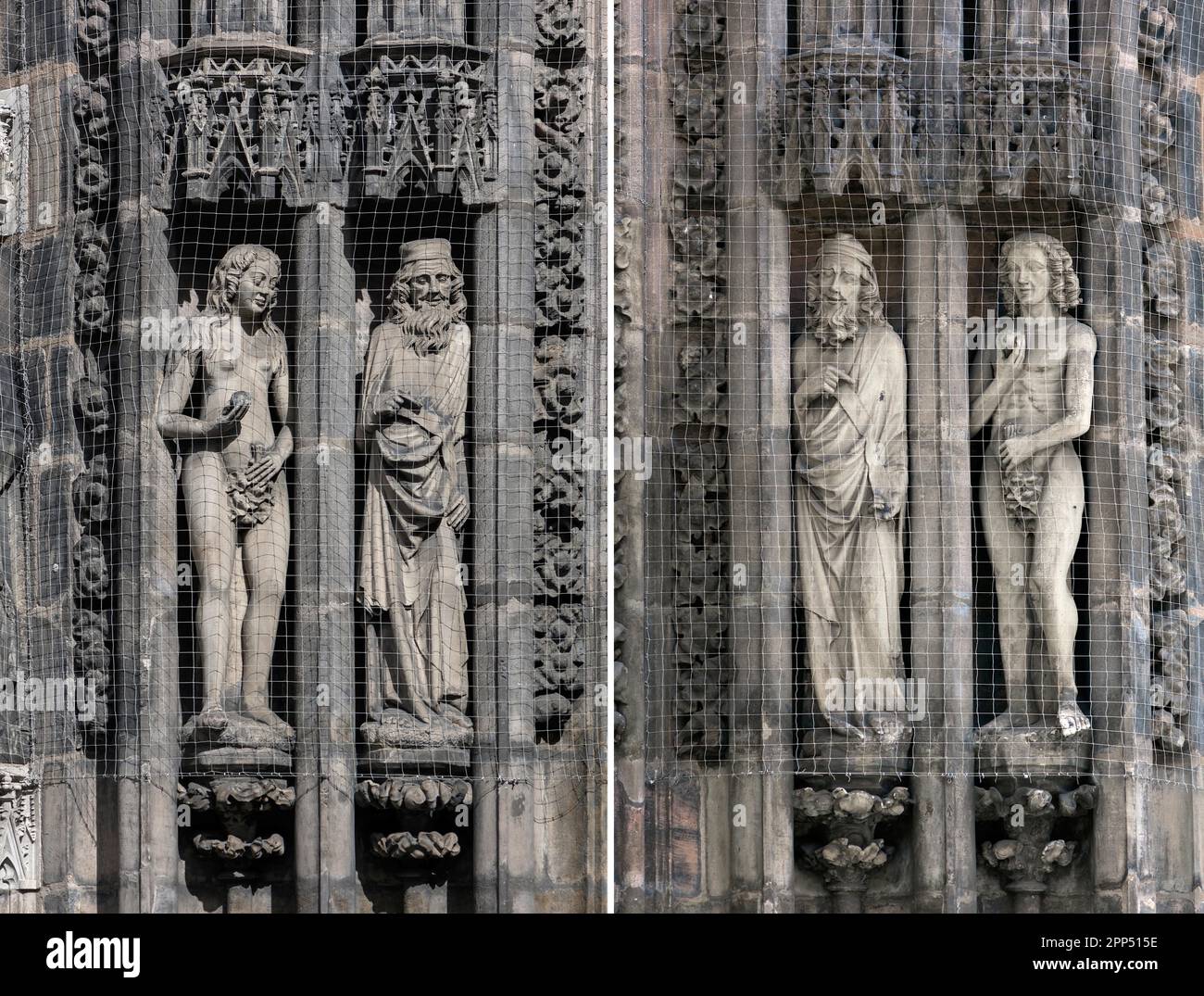 Sculptures d'Adam et d'Eve et prophètes sur le Portail Ouest de la Lorenzkirche, Nuremberg, moyenne-Franconie, Bavière, Allemagne Banque D'Images