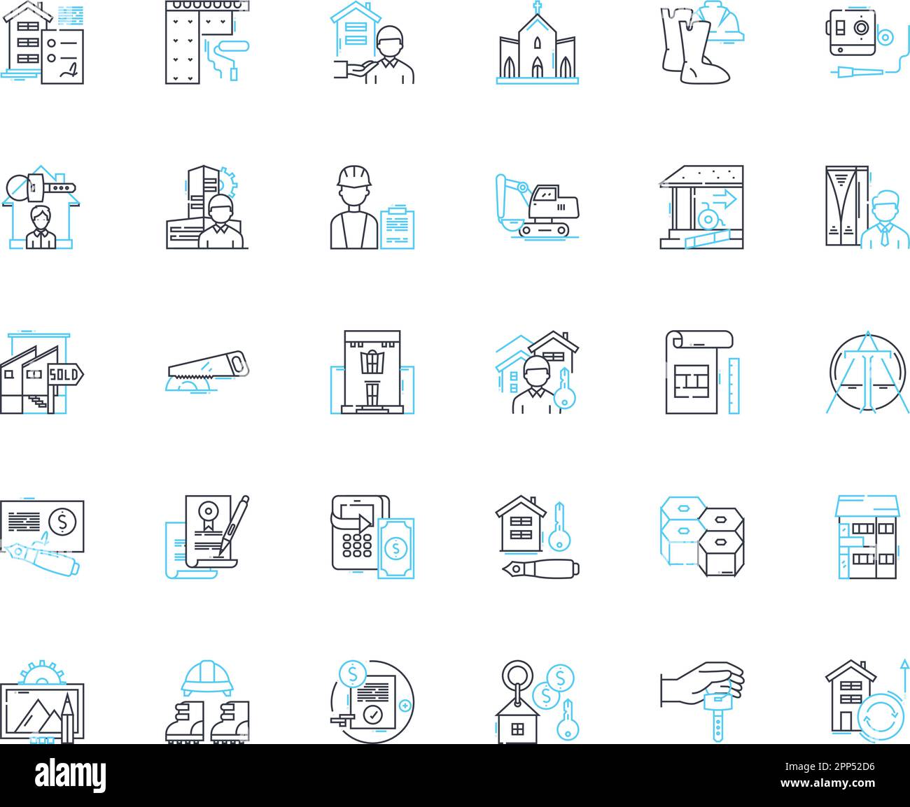 Logement à vendre ensemble d'icônes linéaires. Résidence, bungalow, appartement, Duplex, Cottage, Villa, vecteur ligne d'appartement et signes de concept. Maison de ville, loft, ferme Illustration de Vecteur