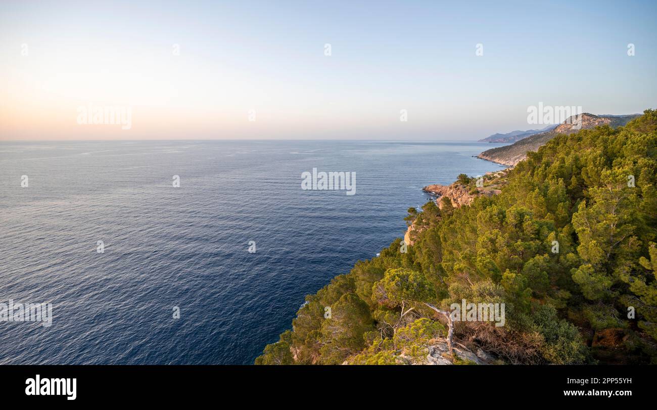 Vue sur Torre des Verger, côte, vue sur la mer, Banyalbufar, Majorque, Îles Baléares, Espagne Banque D'Images