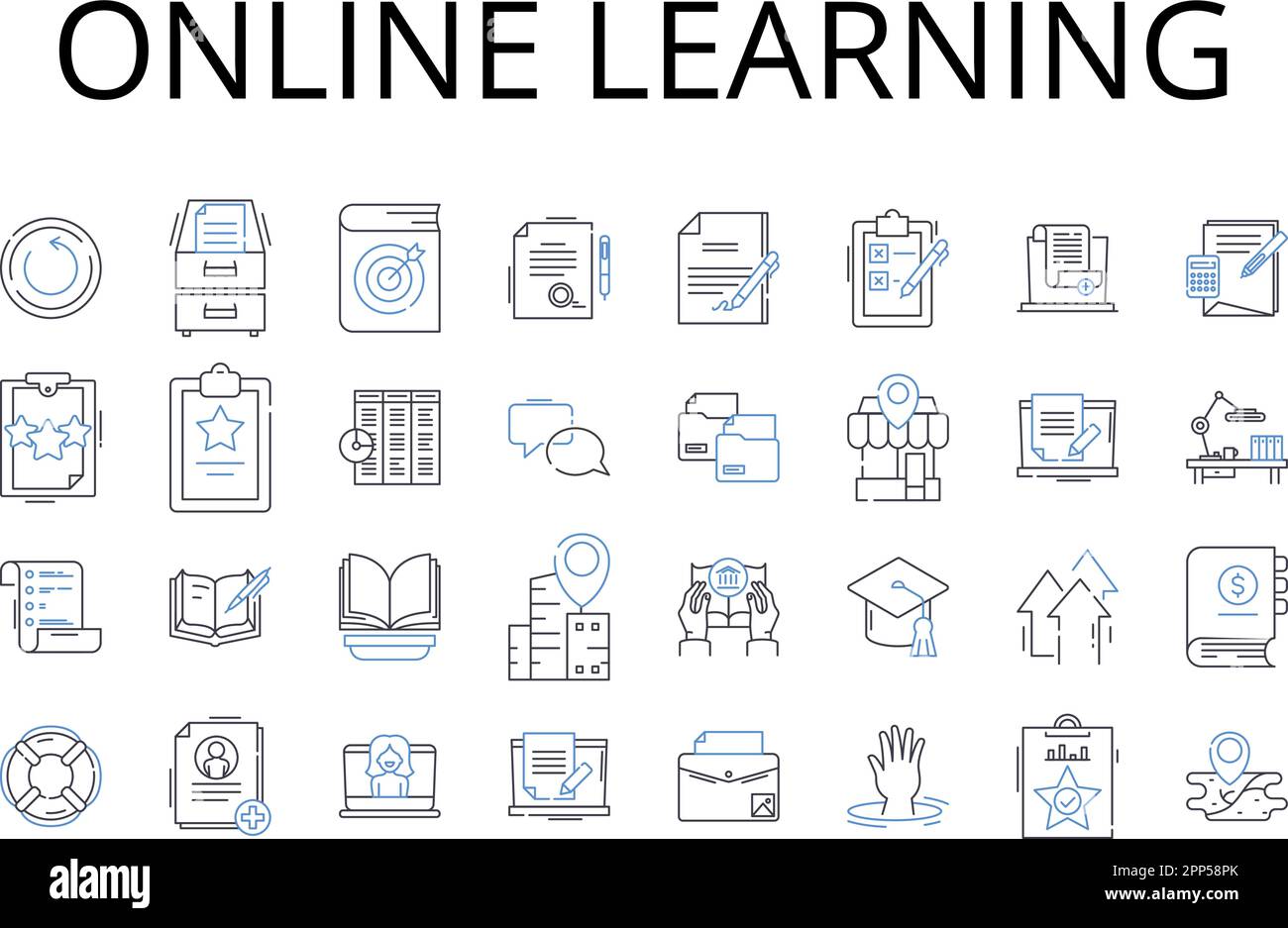 collection d'icônes de ligne d'apprentissage en ligne. E-learning, Web, enseignement interactif, enseignement à distance, salles de classe virtuelles, Instruction numérique Illustration de Vecteur