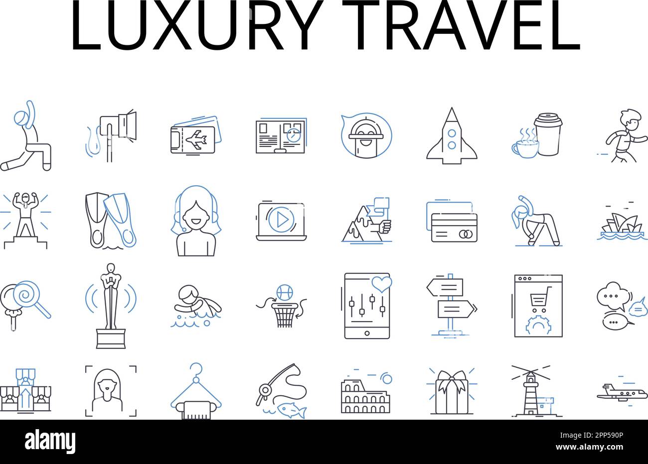 Collection Luxury Travel Line Icons. Voyage haut de gamme, voyage Elite, voyage Premium, voyage Deluxe, voyage somptueux, Voyage extravagant, voyage cinq étoiles Illustration de Vecteur