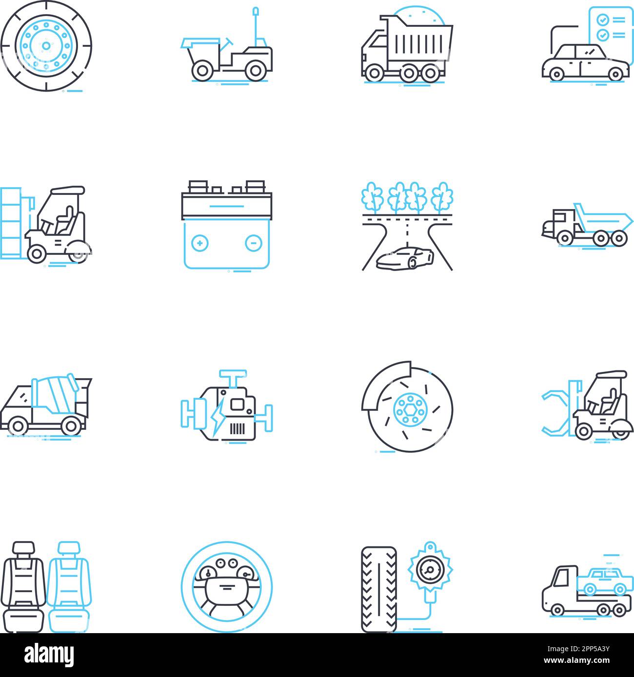 Jeu d'icônes linéaires pour les chariots. Suspension, essieu, châssis, amortisseur, frein, Transmission, vecteur de gamme de moteur et signes de concept. Transmission,différentiel Illustration de Vecteur