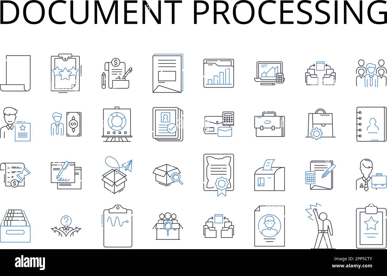 Collection d'icônes de ligne de traitement de document. Analyse de rapports, gestion de fichiers, manipulation de données, tenue de dossiers, gestion des documents, Contrôle des documents Illustration de Vecteur