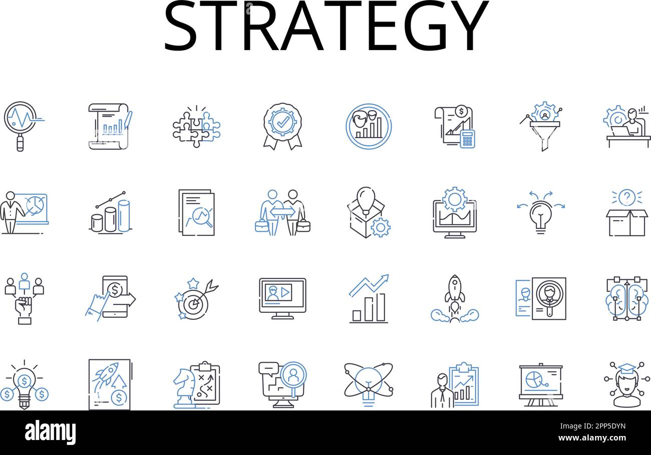 Collection d'icônes de ligne de stratégie. Plan, tactique, approche, Schéma, Plan directeur, Méthode, vecteur de procédure et illustration linéaire. Manœuvre, Agenda, Plan de jeu Illustration de Vecteur