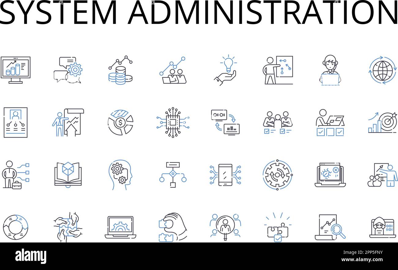 Collection d'icônes de ligne d'administration système. Gestion de Nerk, cybersécurité, support INFORMATIQUE, gestion des utilisateurs, analyse des données, Cloud computing, projet Illustration de Vecteur